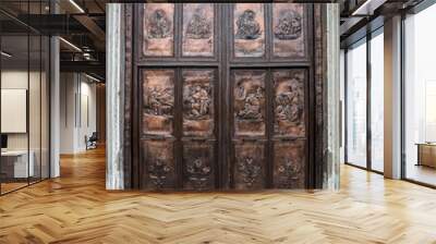 Brass door with bas reliefs captured at St Joseph's cathedral in the old quarter of Hanoi, Vietnam Wall mural