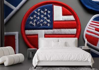 Eye-Catching Embroidered Patch Featuring Red Icon and Flag Design Wall mural