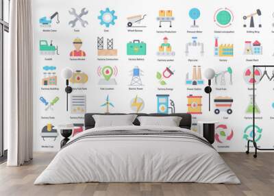 Factory Flat Icons Production Machine Industry Iconset in Color Style 50 Vector Icons Wall mural