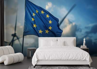 Flag of the european union fluttering in front of a vast wind farm Wall mural