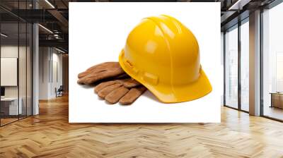 a yellow hard hat and leather work gloves on white Wall mural