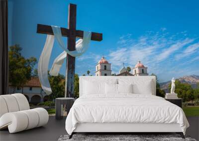 Mission Santa Barbara with cross and sky blue background Wall mural