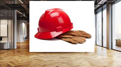 red hard hat and leather work gloves on white Wall mural