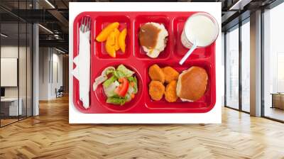 school lunch tray with food on it on a white backgrounf Wall mural