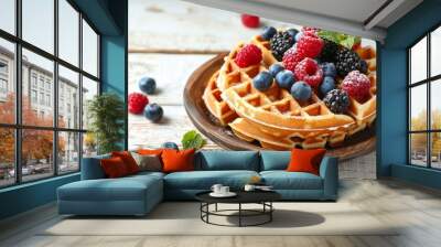 Fresh baked homemade belgium waffles with berries on a white wooden table Wall mural