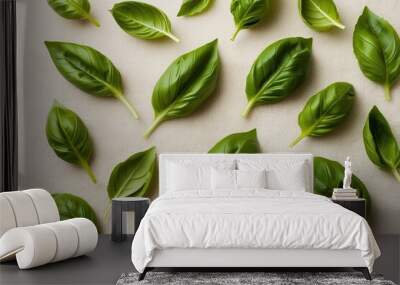 Fresh Basil Leaves Gliding on Soft Surface Herb Collection Wall mural