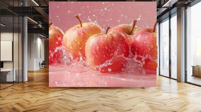 Fresh red apples splashing into pink water Wall mural