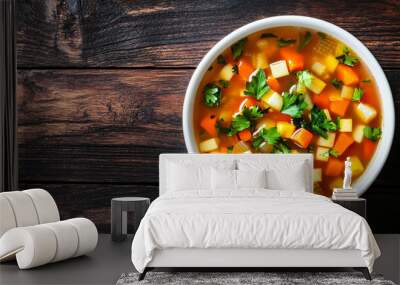 Freshly made vegetable soup with parsley in a bowl on a rustic wooden table Wall mural