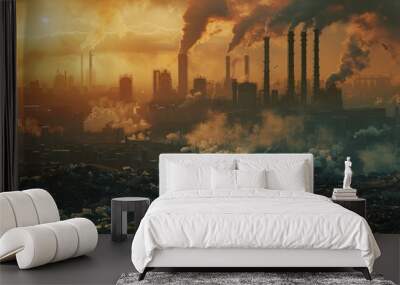 garbage on the background of smoking factory chimneys, environmental pollution, global warming Wall mural