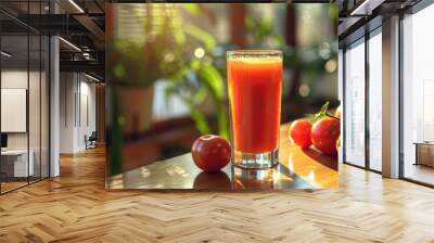 Glass of freshly squeezed tomato juice with tomato on table Wall mural