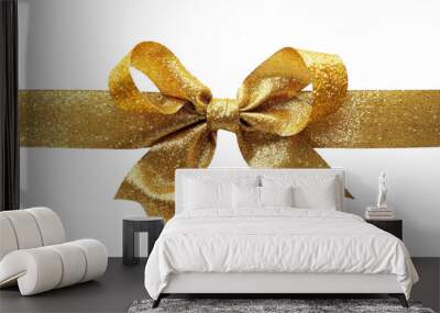 Gold satin glitter Christmas ribbon bow on transparent background Wall mural