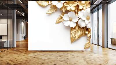 Golden flowers border on a white background created with generative AI technology. Wall mural