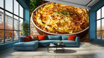 Golden shepherds pie in ceramic dish Wall mural