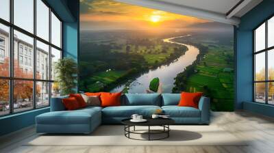 Gorgeous river dawn encircled by farms little villages and the sun Wall mural