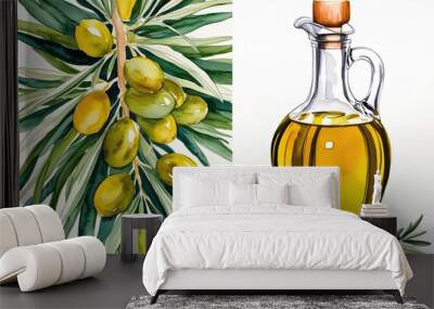 Gourmet Olive Oil in a Glass Decanter: A Vivid Watercolor Illustration of Refined Extra Virgin Oil Wall mural