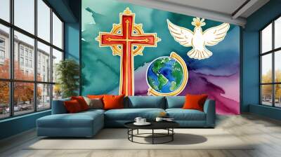 Graceful Watercolor Vector Art of Spiritual Symbols Cross Globe and Dove of the Holy Spirit Wall mural