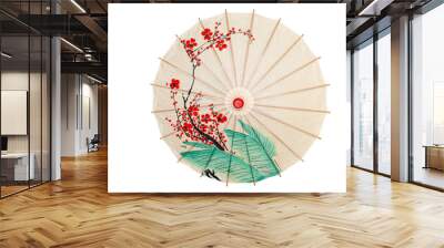 Isolated oriental umbrella with red flowers Wall mural