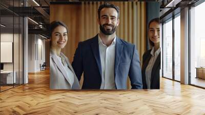 Group of confident young professionals in business attire stand together in a modern office, demonstrating teamwork and collaboration Wall mural