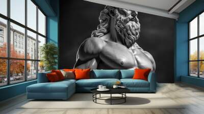 Handsome marble statue of powerful greek god Zeus over dark background, The powerful king of the gods in ancient Greek religion looking to the right. Generative AI Wall mural