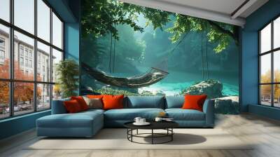 Hanging hammocks in a verdant coastal jungle with shining sapphire seas Wall mural