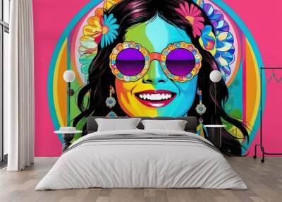 Happy Vintage Flower Child in Funky Sunglasses 1970s Colorful Illustration Artwork Wall mural