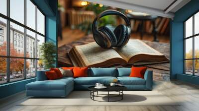 Headphones on a book, podcast or audiobook concept Wall mural