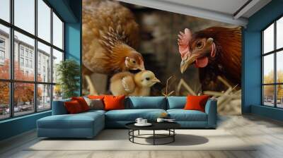 Hen eats in a traditional rural barnyard as chick is being taught by brown mother hen Wall mural