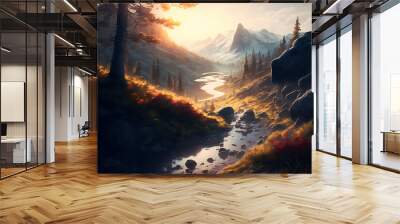 Hiking, sunrise in the mountains along a river, beautiful landscape trees stream water nature, generative ai Wall mural