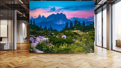 Hiking trail at Sorapis lake with mystic view on Cadini di Misurina in the background in the evening. Lake Sorapis, Dolomites, Belluno, Italy, Europe. Wall mural