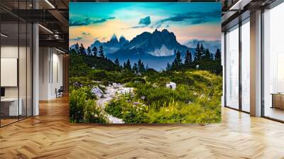 Hiking trail at Sorapis lake with mystic view on Cadini di Misurina in the background in the evening. Lake Sorapis, Dolomites, Belluno, Italy, Europe. Wall mural