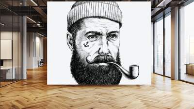 Hand Drawn vintage hipster sailor with thick beard and pipe Wall mural