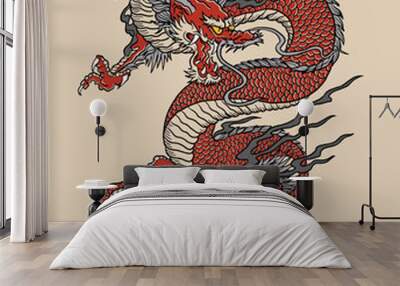 Japanese Red Dragon Tattoo Illustration. Full color vector art. Wall mural