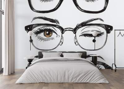 Set of hand drawn women's eyes with hipster glasses Wall mural