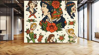 Tattoo Women set. Isolated flash of classic women tattoo vectors. Wall mural