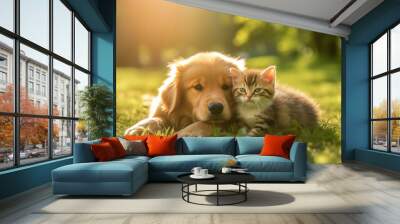 golden retriever and cat puppy Wall mural