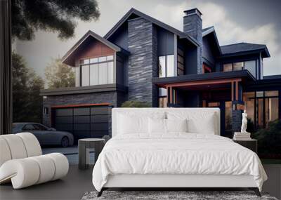 Home, luxurious new house, modern style with garage, blue siding, generative ai Wall mural