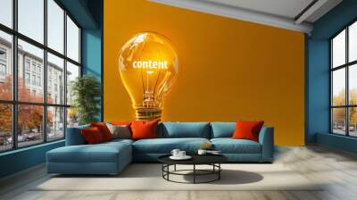 Illuminated light bulb with the word 'content' glowing, symbolizing creative ideas and content creation Wall mural