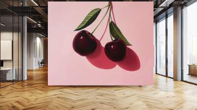 illustration oil painting of two cherries on a pastel light red background. Wall mural