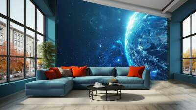 Illustration showcasing a digital earth with glowing network lines and stars Wall mural