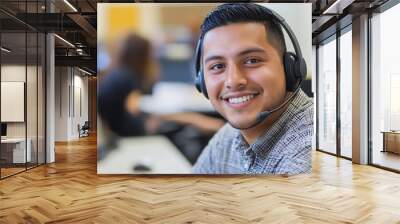 In a bustling office, a customer service representative wears a headset and smiles Wall mural