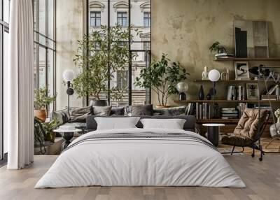 Interior of modern living room with brown sofa, coffee table and bookshelf Wall mural