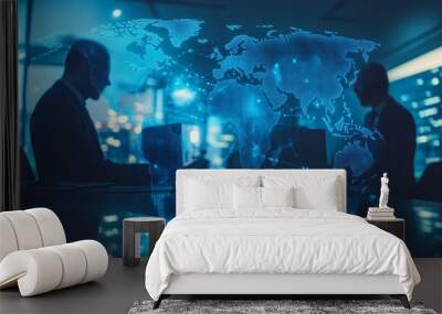 International business concept: businessmen working in office at night with global network hologram projected on digital world map Wall mural