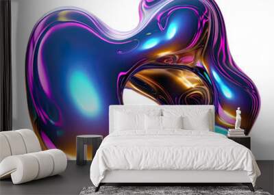 Isolated abstract melted liquid chrome metal in organic shapes, Wavy molten gloss aluminium , cutout isolated on transparent background, ready for placement. Wall mural