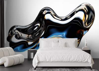 Isolated abstract melted liquid chrome metal in organic shapes, Wavy molten gloss aluminium , cutout isolated on transparent background, ready for placement. Wall mural