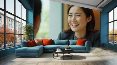 Japanese Businesswoman in Job Interview: Candid Meeting, Recruitment Talk, Manager and Candidate Discussion, Happy HR Management Interaction, Middle Aged Professional Negotiation, Business People Enga Wall mural