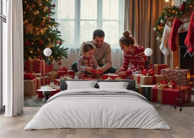 Joyful Family Unwrapping Christmas Gifts: Heartwarming Holiday Scene for Festive Marketing and Greetings Wall mural