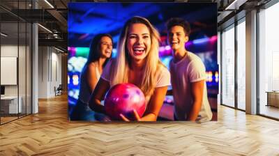 Kids having fun in a bowling alley. Wall mural