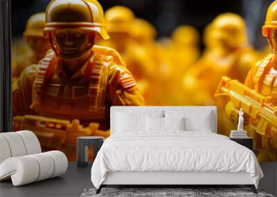 Yellow Plastic Soldiers. Illustration On The Theme Of Toys, Militarization, Objects. Generative AI Wall mural