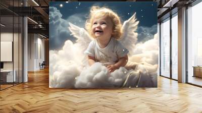 Laughing cute baby with angel wings in the cloud Wall mural