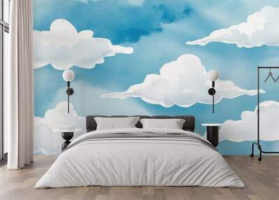 Light Blue Watercolor Sky Background with Textured Clouds Wall mural